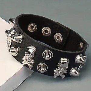 NEW Punk Skull & Bones Spike Cuff Bracelet Wrist Rivets Bangle PU Leather GIFT